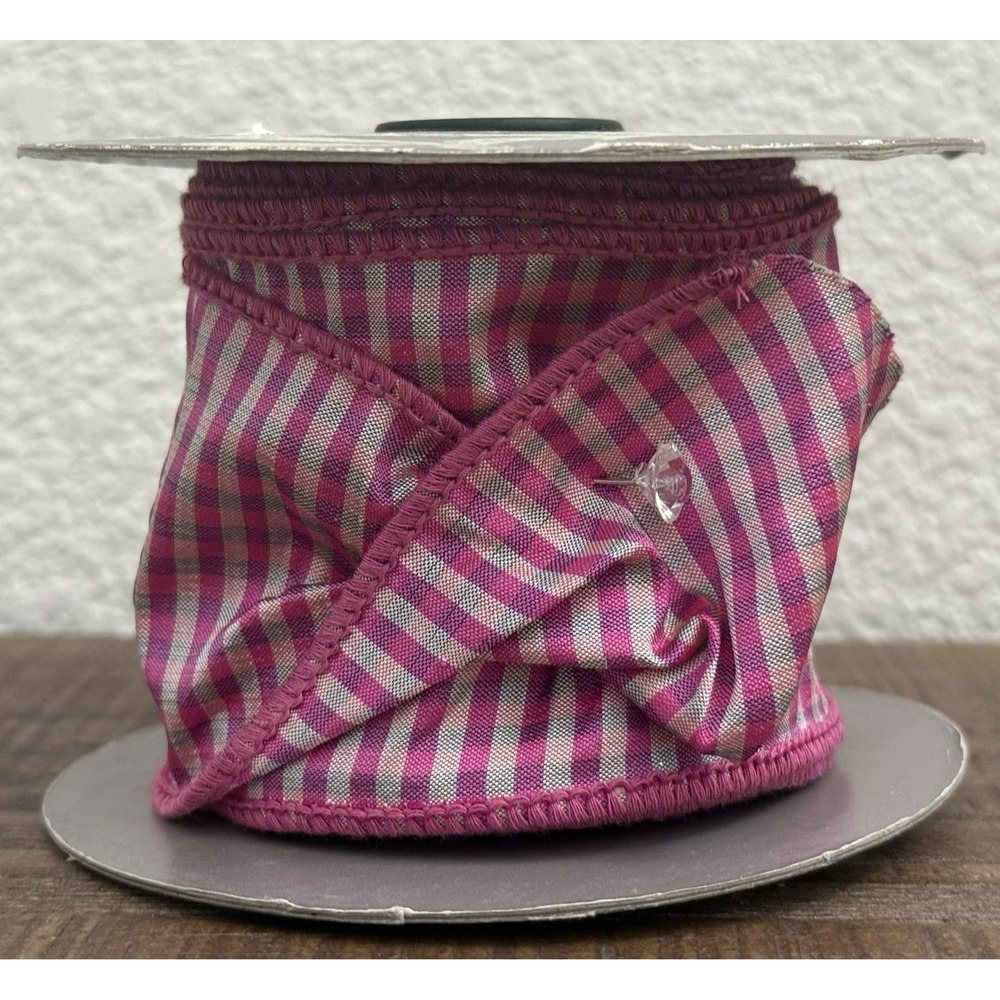 D. Stevens Wired Ribbon 2.5" x 6.14 Yds Pink Cream Gingham Check Spring Cottage